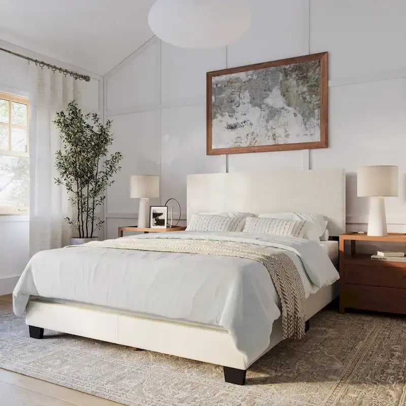 Letto moderno imbottito in bouclé, con rete a molle