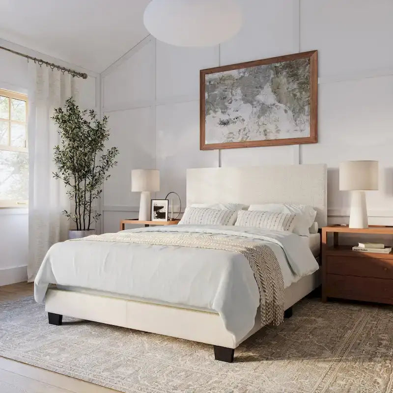 Letto moderno imbottito in bouclé, con rete a molle