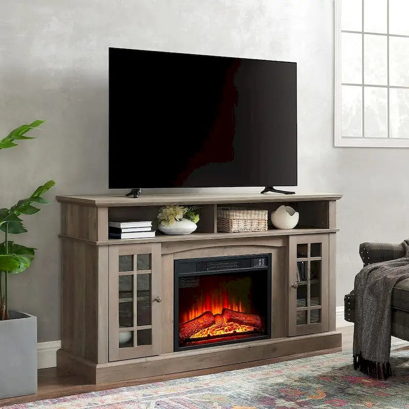 Mobile porta TV per televisori fino a 65 pollici con caminetto, mobile TV con luci LED
