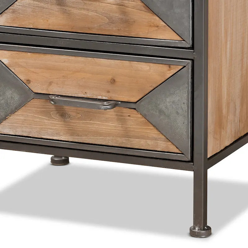  Laurel Rustic Industrial Antique Grey Finished Metal and Whitewashed Oak Brown Finished Wood 3-Drawer End Table