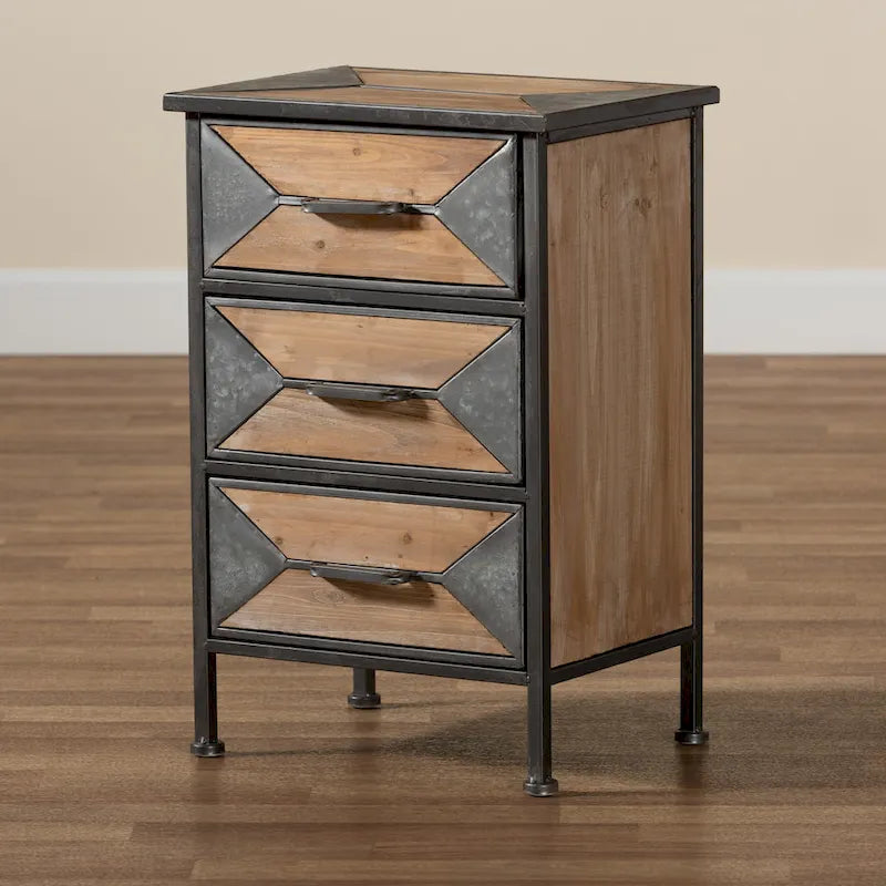 Tavolino a 3 cassetti in metallo con finitura grigio anticato rustico industriale e legno di rovere sbiancato marrone