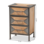 Tavolino a 3 cassetti in metallo con finitura grigio anticato rustico industriale e legno di rovere sbiancato marrone