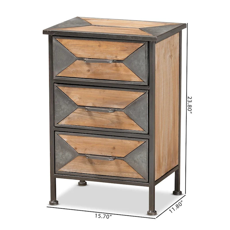 Tavolino a 3 cassetti in metallo con finitura grigio anticato rustico industriale e legno di rovere sbiancato marrone