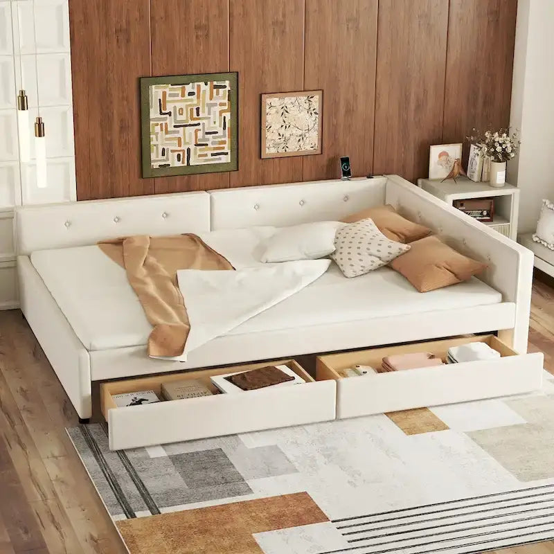 Letto matrimoniale imbottito con piattaforma, USB e 2 cassetti