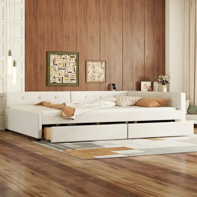Letto matrimoniale imbottito con piattaforma, USB e 2 cassetti