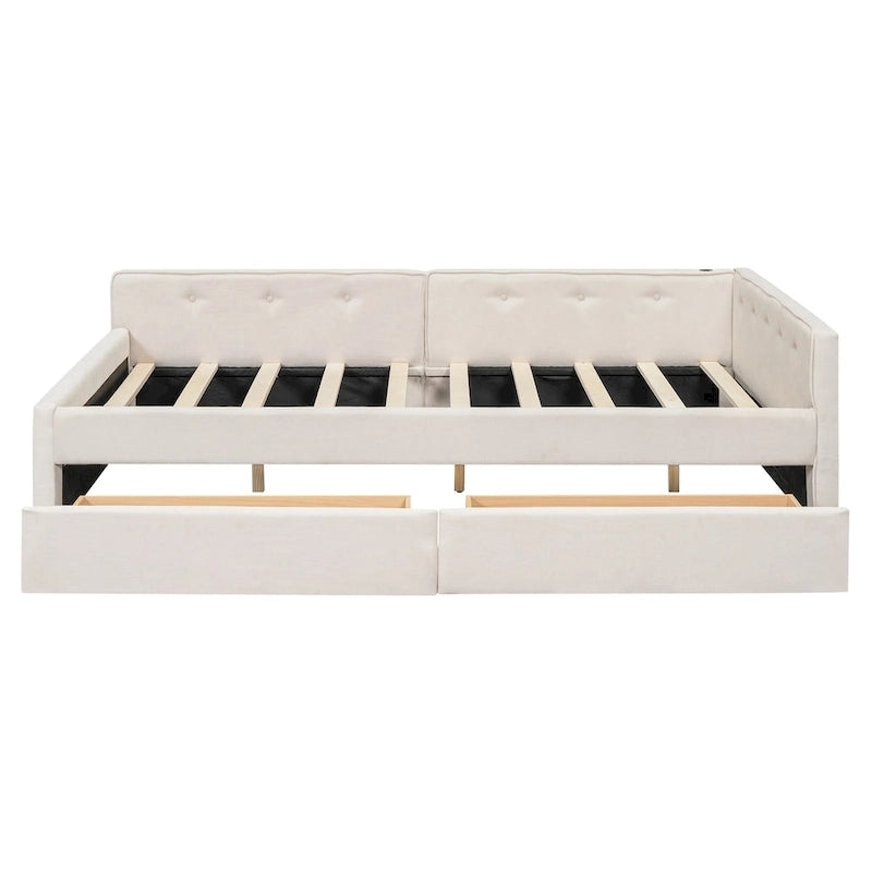 Letto matrimoniale imbottito con piattaforma, USB e 2 cassetti