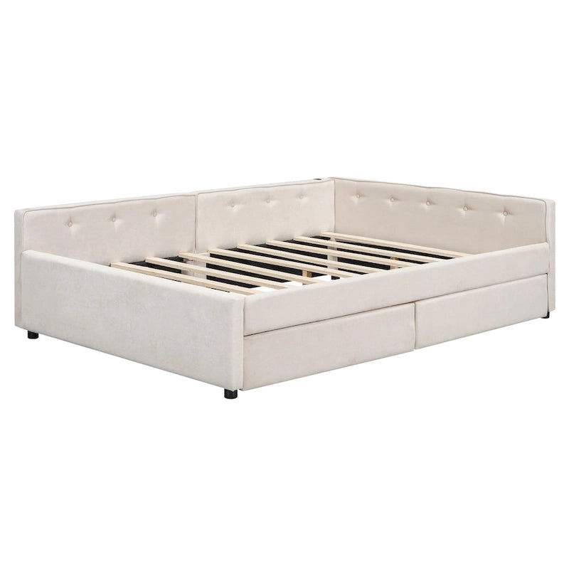 Letto matrimoniale imbottito con piattaforma, USB e 2 cassetti