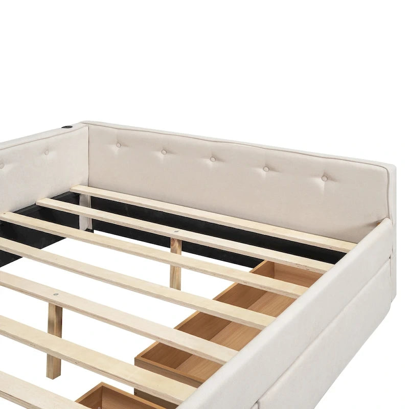 Letto matrimoniale imbottito con piattaforma, USB e 2 cassetti