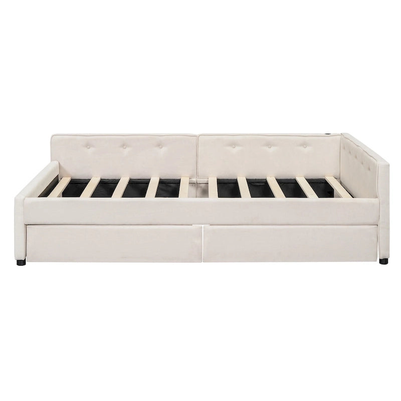 Letto matrimoniale imbottito con piattaforma, USB e 2 cassetti