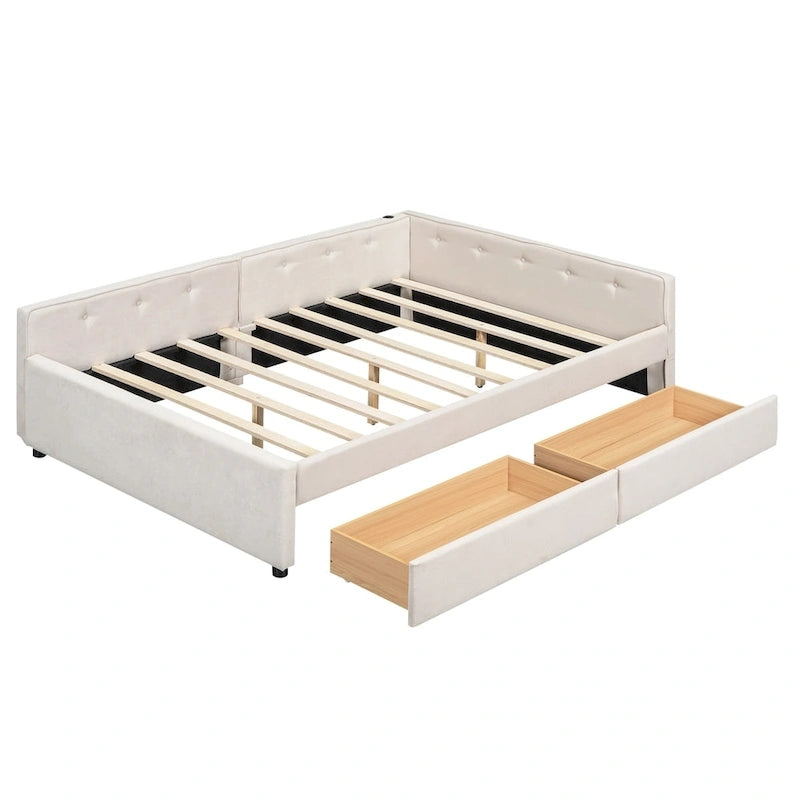 Letto matrimoniale imbottito con piattaforma, USB e 2 cassetti