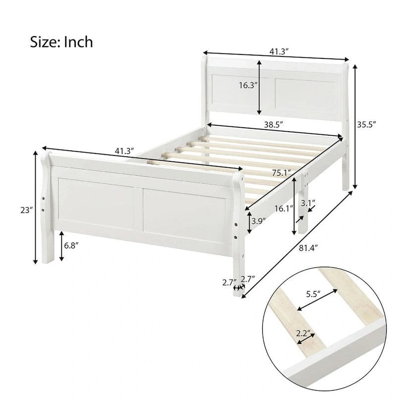 Letto a slitta con struttura in legno singolo/matrimoniale/queen size con pediera