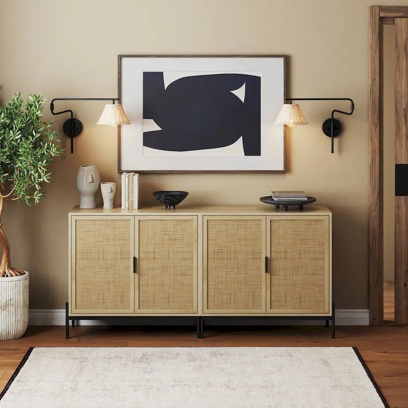 Mobile contenitore in stile bohémien per ingresso o credenza da cucina, supporto TV o mobiletto in rattan con gambe in metallo