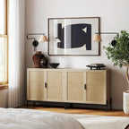 Mobile contenitore in stile bohémien per ingresso o credenza da cucina, supporto TV o mobiletto in rattan con gambe in metallo