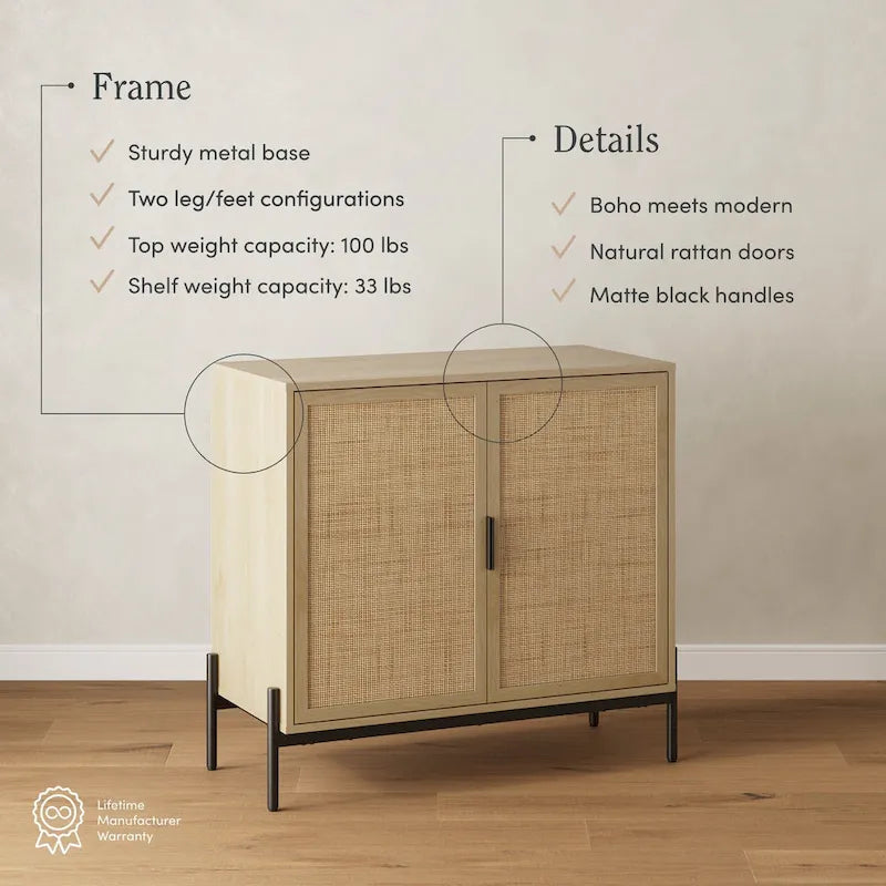 Mobile contenitore in stile bohémien per ingresso o credenza da cucina, supporto TV o mobiletto in rattan con gambe in metallo
