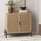 Mobile contenitore in stile bohémien per ingresso o credenza da cucina, supporto TV o mobiletto in rattan con gambe in metallo