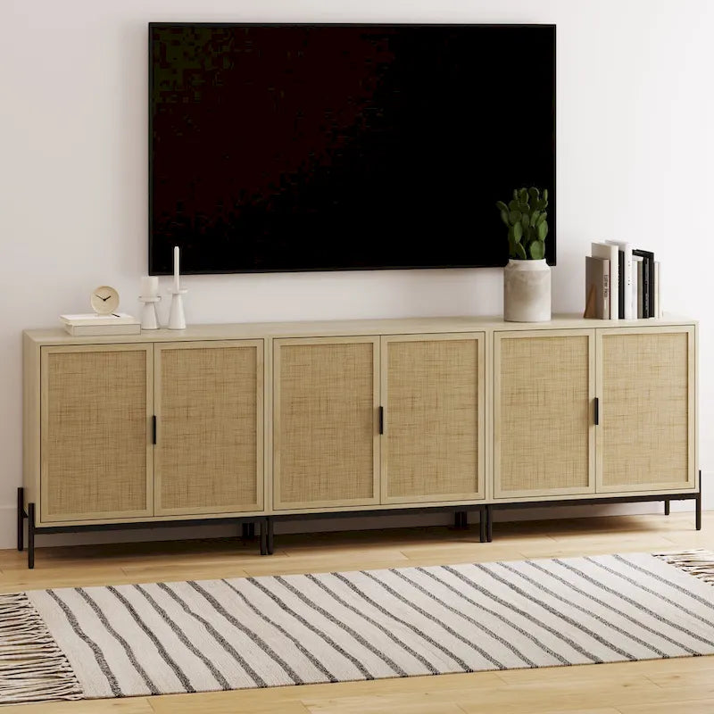 Mobile contenitore in stile bohémien per ingresso o credenza da cucina, supporto TV o mobiletto in rattan con gambe in metallo