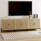 Mobile contenitore in stile bohémien per ingresso o credenza da cucina, supporto TV o mobiletto in rattan con gambe in metallo