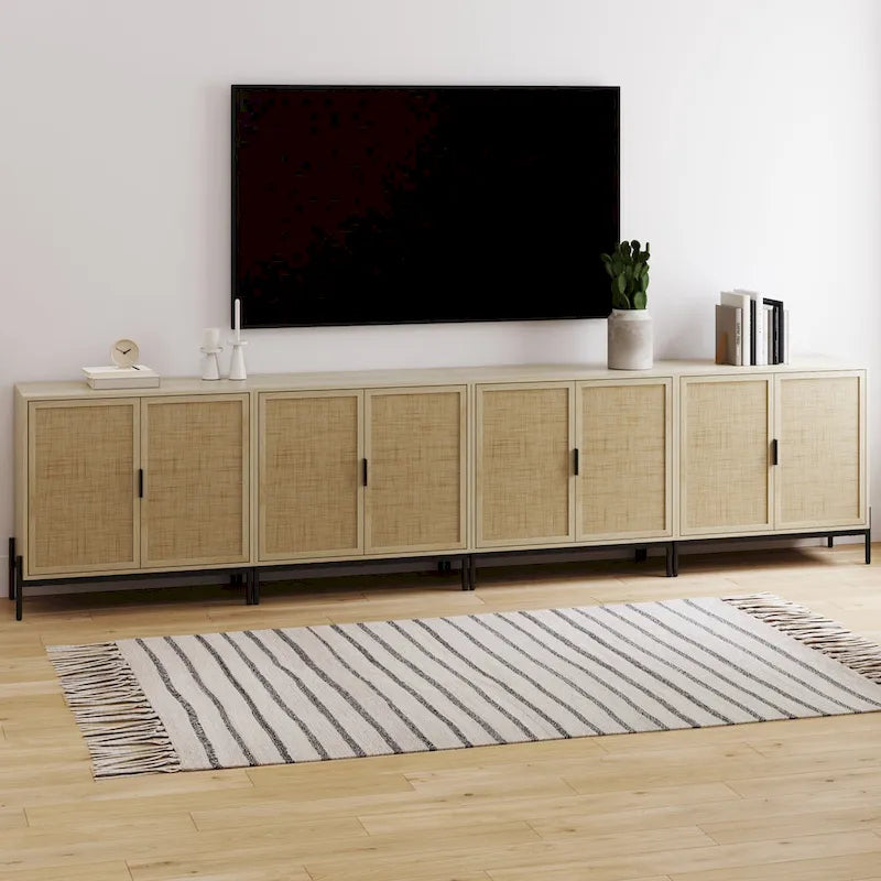 Mobile contenitore in stile bohémien per ingresso o credenza da cucina, supporto TV o mobiletto in rattan con gambe in metallo