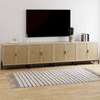 Mobile contenitore in stile bohémien per ingresso o credenza da cucina, supporto TV o mobiletto in rattan con gambe in metallo