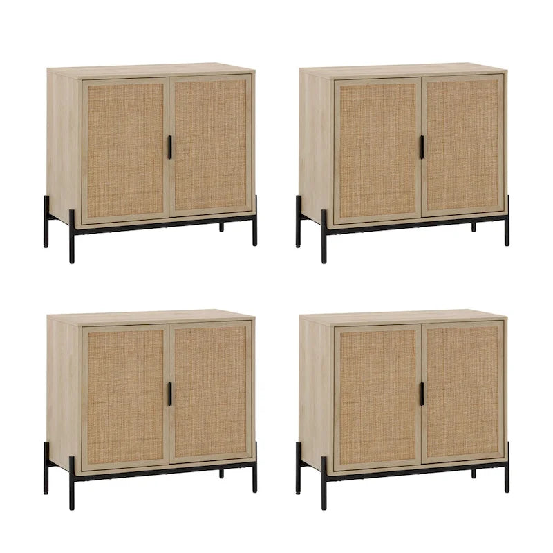 Mobile contenitore in stile bohémien per ingresso o credenza da cucina, supporto TV o mobiletto in rattan con gambe in metallo