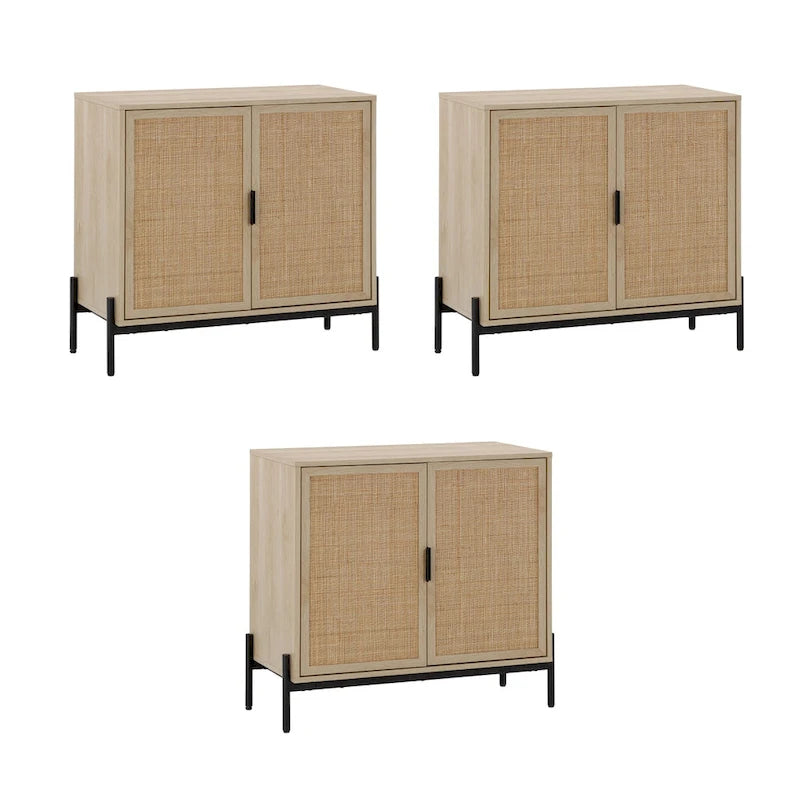 Mobile contenitore in stile bohémien per ingresso o credenza da cucina, supporto TV o mobiletto in rattan con gambe in metallo