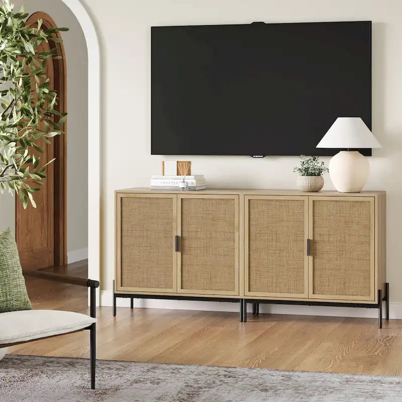 Mobile contenitore in stile bohémien per ingresso o credenza da cucina, supporto TV o mobiletto in rattan con gambe in metallo