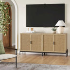 Mobile contenitore in stile bohémien per ingresso o credenza da cucina, supporto TV o mobiletto in rattan con gambe in metallo