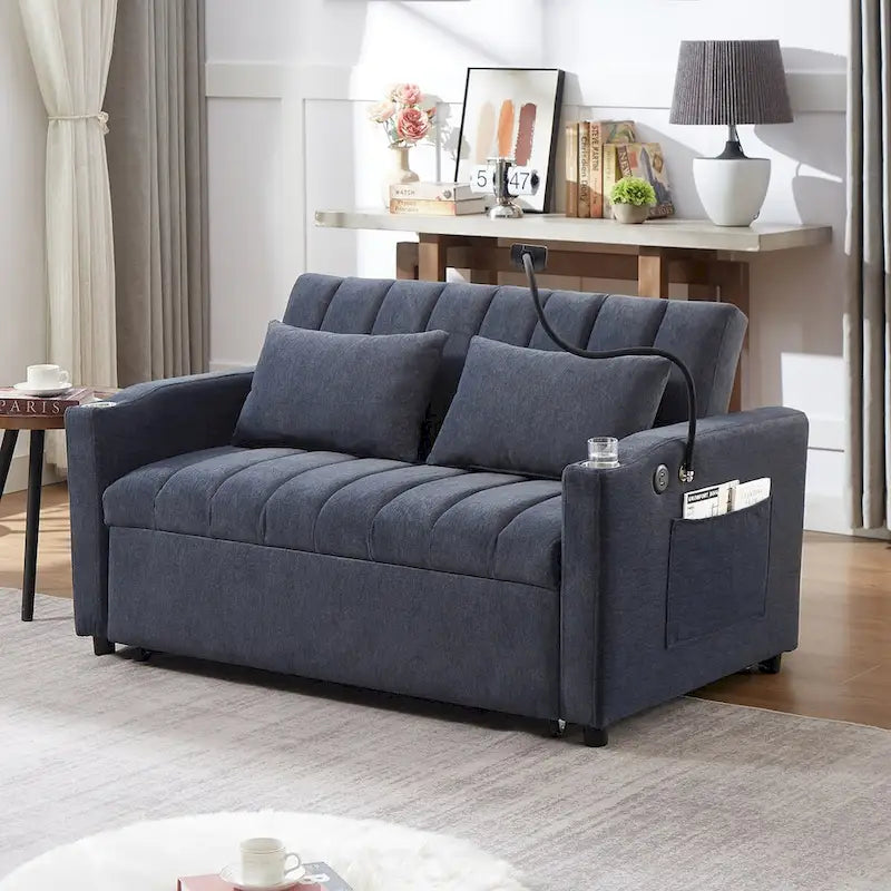 Divano letto convertibile con porte USB, tasche laterali e supporto girevole
