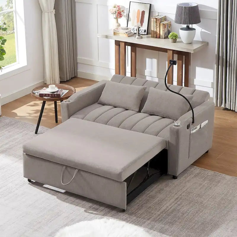 Divano letto convertibile con porte USB, tasche laterali e supporto girevole
