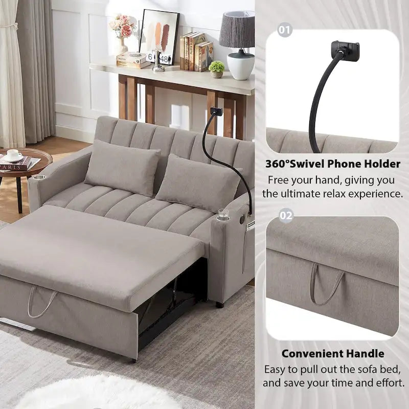 Divano letto convertibile con porte USB, tasche laterali e supporto girevole