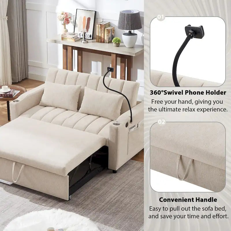 Divano letto convertibile con porte USB, tasche laterali e supporto girevole