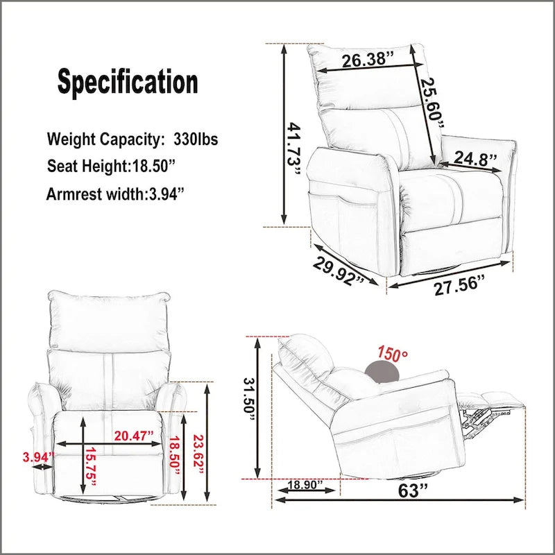 Poltrona reclinabile girevole a 270° Power Swivel Rocker, divano reclinabile elettrico con porte USB, sedia a dondolo reclinabile per la cameretta