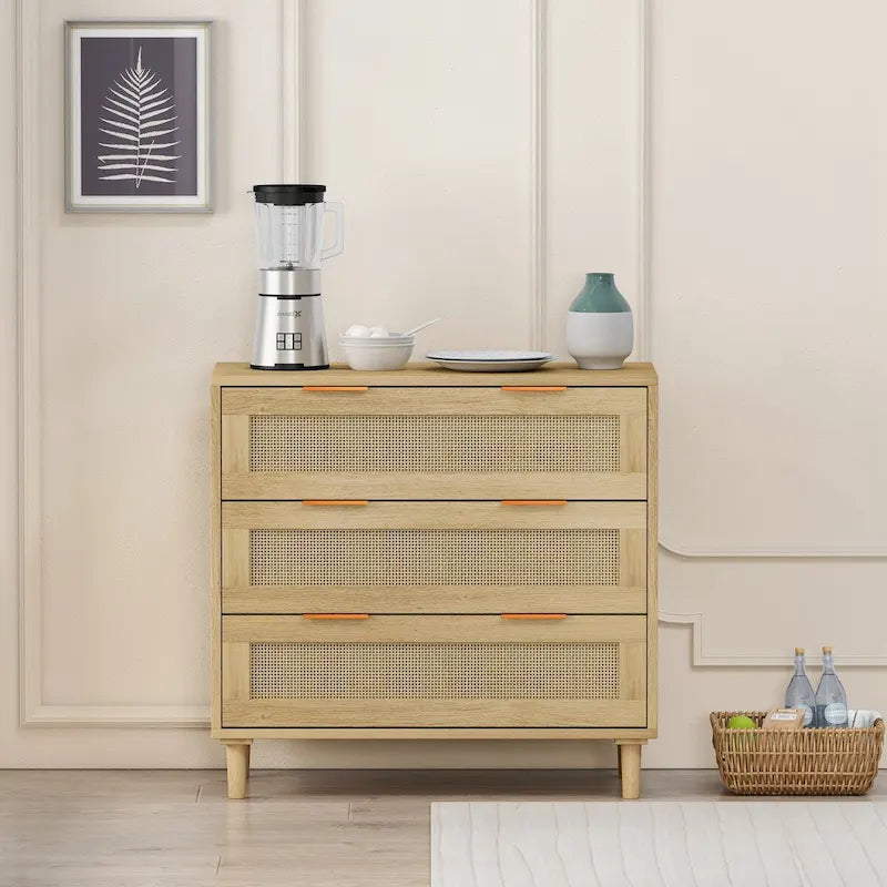Mobile contenitore in rattan con tre cassetti in rattan