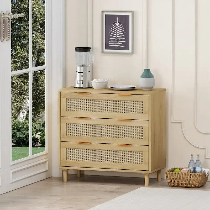 Mobile contenitore in rattan con tre cassetti in rattan