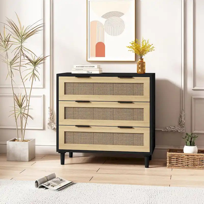 Mobile contenitore in rattan con tre cassetti in rattan