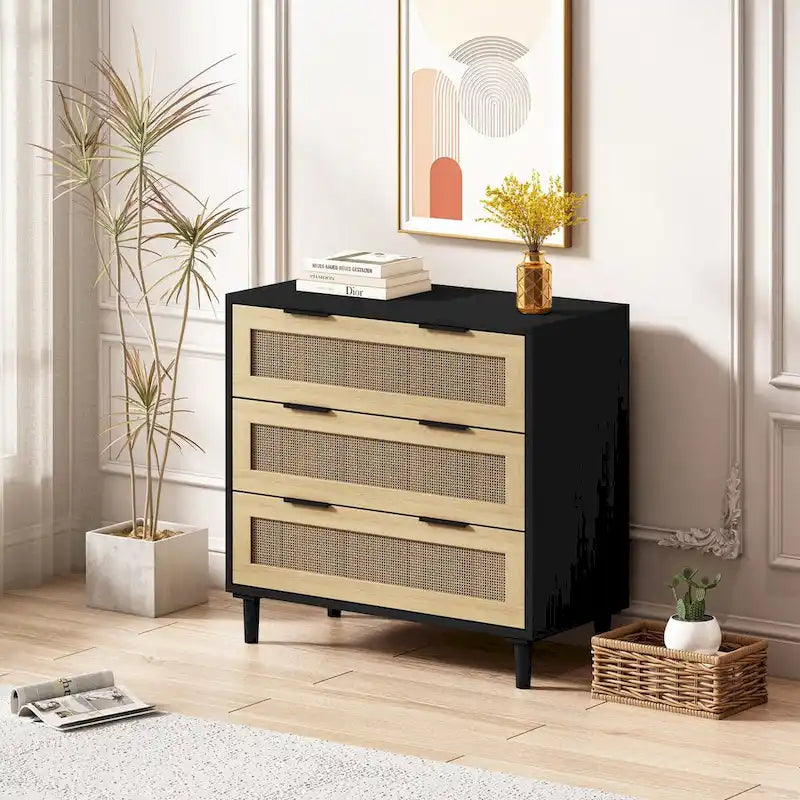 Mobile contenitore in rattan con tre cassetti in rattan